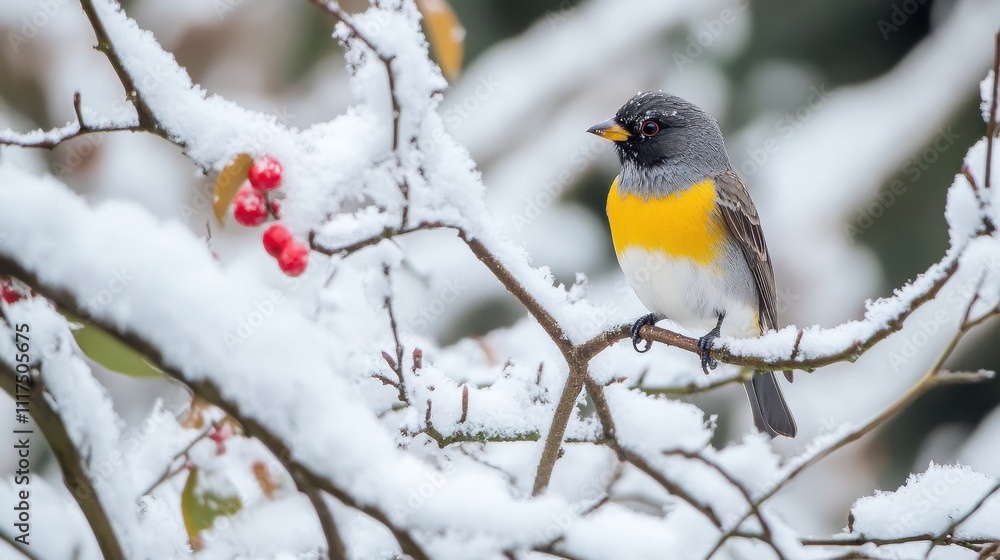 Small bird perched on snowy branch, with berries. Small bird perched on snowy branch, with berries.