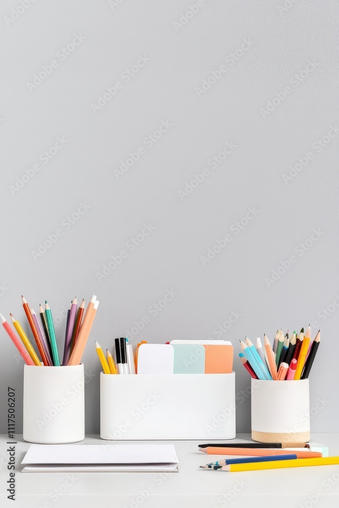Fototapeta premium A white desk with a white box and three white pencil holders