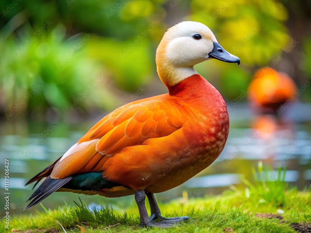 A stunning orange duck poses elegantly beside a calm pond, its vivid plumage contrasting beautifully with the surrounding greenery. The peaceful atmosphere invites admiration and reflection A stunning orange duck poses elegantly beside a calm pond, its vivid plumage contrasting beautifully with the surrounding greenery. The peaceful atmosphere invites admiration and reflection