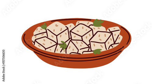 Tofu cubes served in bowl. Plant-based vegetarian dish, vegan food. Healthy protein meal, garnish. Asian cuisine, natural organic eating. Flat vector illustration isolated on white background