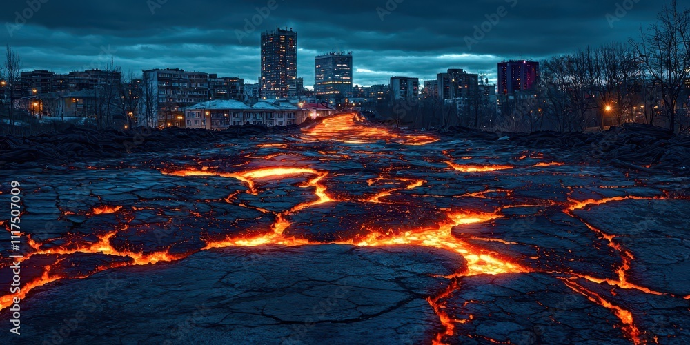 Lava flow is seen in front of a city Lava flow is seen in front of a city