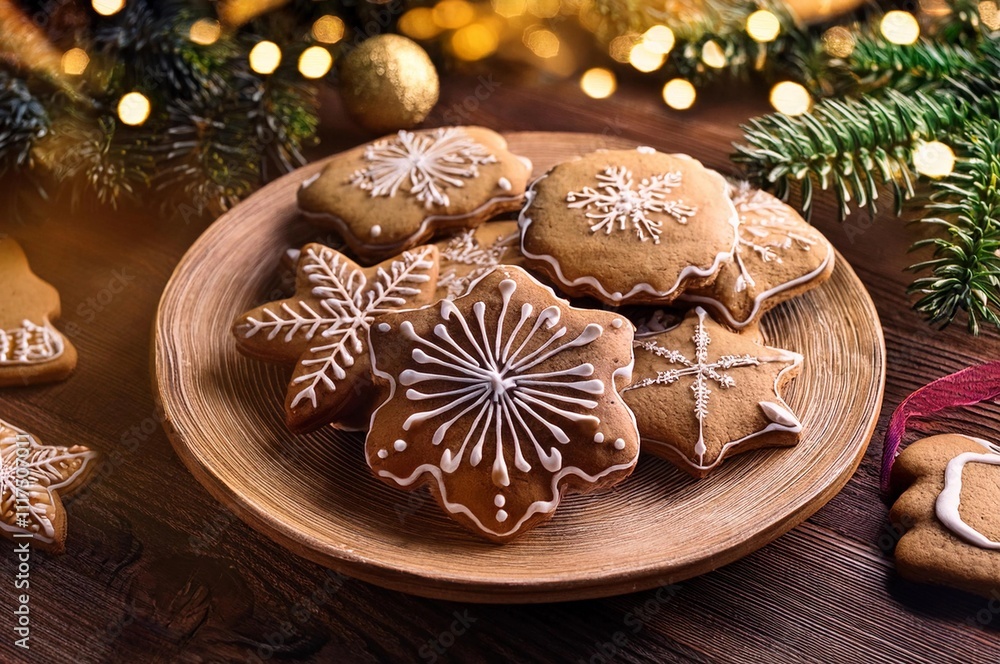 Christmas gingerbread cookies in wooden plate on rustic table with fir branches, pinecone, spices. Merry Christmas! Delicious fresh gingerbread cookies close up, atmospheric holiday Christmas gingerbread cookies in wooden plate on rustic table with fir branches, pinecone, spices. Merry Christmas! Delicious fresh gingerbread cookies close up, atmospheric holiday
