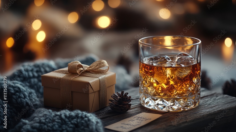 Cozy winter scene with whiskey, gift, and lights. Cozy winter scene with whiskey, gift, and lights.