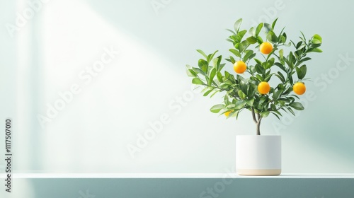 A small orange tree in a white pot sits on a table