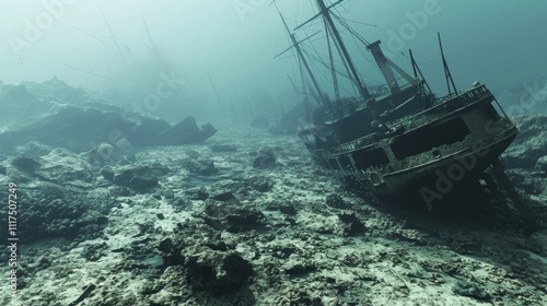 The once bustling and diverse coral reef is now a barren wasteland the result of a ships accidental grounding. photo