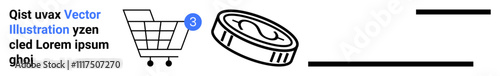 Shopping cart with badge showing number 3, a coin representing payment, and placeholder text. Ideal for ecommerce, online shopping, digital currency, transactions, financial services, web design