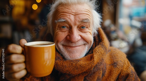 Elderly European man enjoying a cup of coffee at a cozy café on a winter street, showcasing warmth and tranquility in a candid portrait. photo