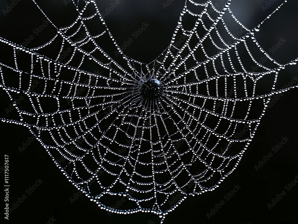 Naklejka premium A close-up of a spider web adorned with dew droplets against a dark background.