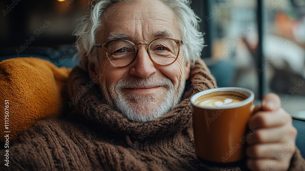 Elderly European man enjoying a cup of coffee at a cozy café on a winter street, showcasing warmth and tranquility in a candid portrait. Elderly European man enjoying a cup of coffee at a cozy café on a winter street, showcasing warmth and tranquility in a candid portrait.