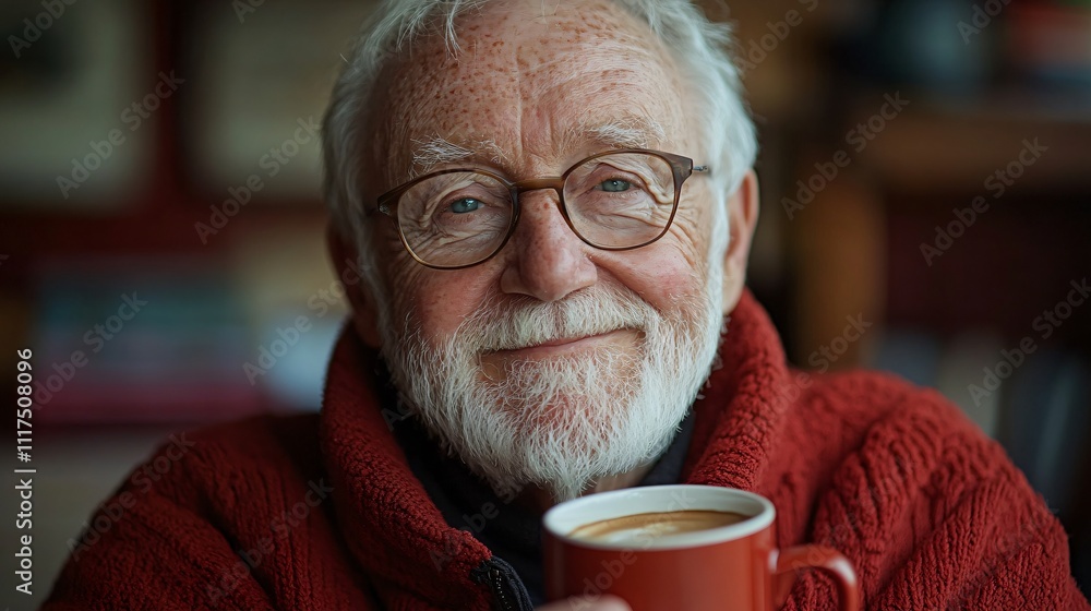 Elderly European man enjoying a cup of coffee at a cozy café on a winter street, showcasing warmth and tranquility in a candid portrait. Elderly European man enjoying a cup of coffee at a cozy café on a winter street, showcasing warmth and tranquility in a candid portrait.