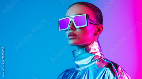 Futuristic portrait of a woman wearing reflective sunglasses and a metallic silver outfit, set against a vibrant neon gradient background. A bold concept of modern fashion, sci-fi aesthetics, and inno