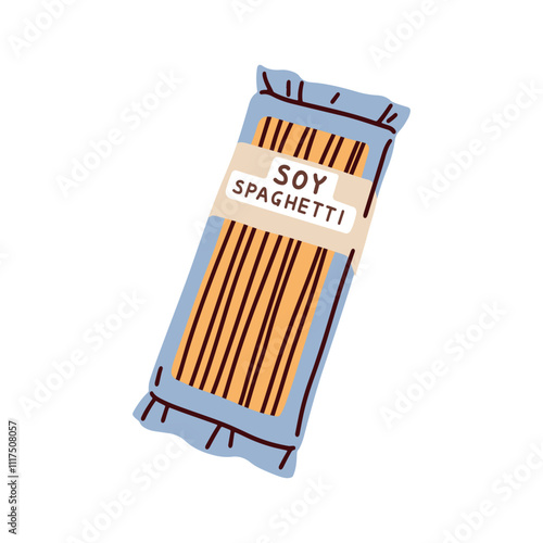 Spaghetti, soy pasta package. Vegan plant-based product, healthy protein alternative. Soybean noodles. Asian organic eco soya food. Flat graphic vector illustration isolated on white background