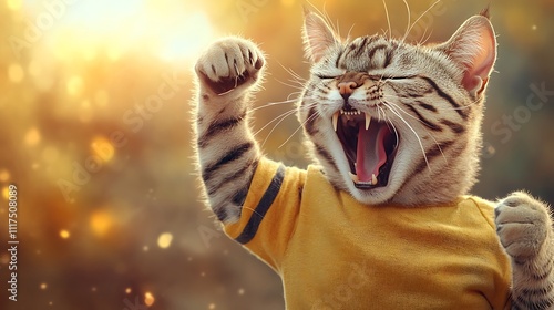 Cheerful cat raising fits with joy, happiness, encouraging and cheering under sunshine
 photo