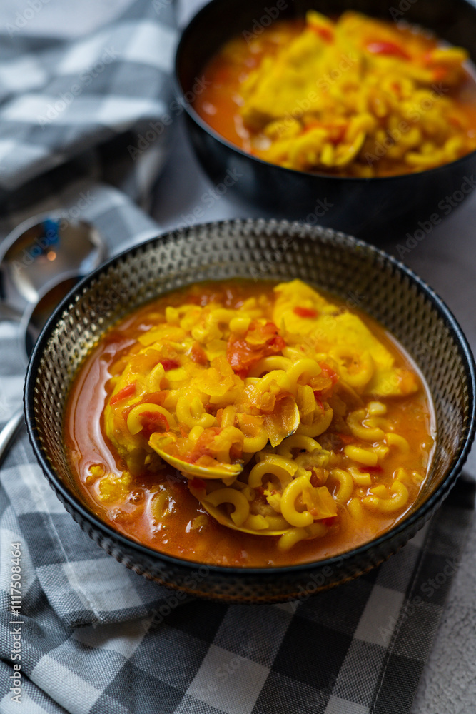 noodle and seafood casserole soup. two black bowls and neutral bottom. noodle and seafood casserole soup. two black bowls and neutral bottom.