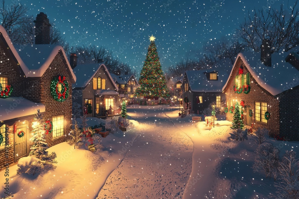 A snowy village scene adorned with festive decorations and a large Christmas tree. A snowy village scene adorned with festive decorations and a large Christmas tree.