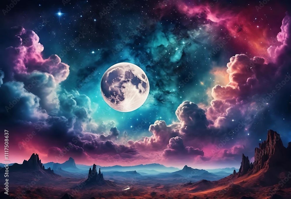 Futuristic fantasy landscape, sci-fi landscape with planet, neon light, cold planet. Galaxy, unknown planet. Dark natural scene with light reflection in water. Neon space galaxy Futuristic fantasy landscape, sci-fi landscape with planet, neon light, cold planet. Galaxy, unknown planet. Dark natural scene with light reflection in water. Neon space galaxy