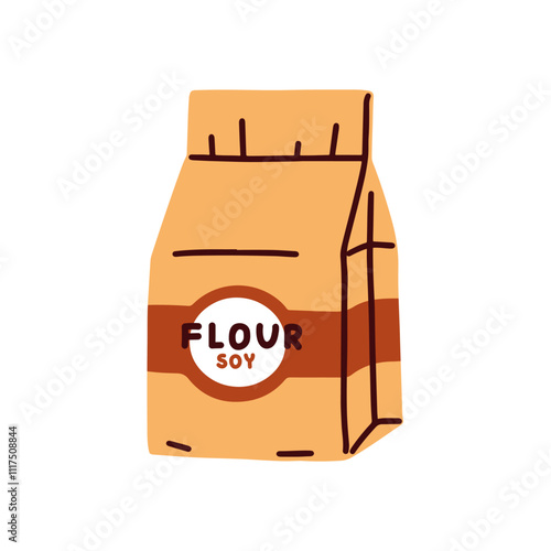 Soy flour bag. Vegan plant-based product, protein-rich healthy soybean powder. Organic natural eco soya alternative in package. Flat graphic vector illustration isolated on white background