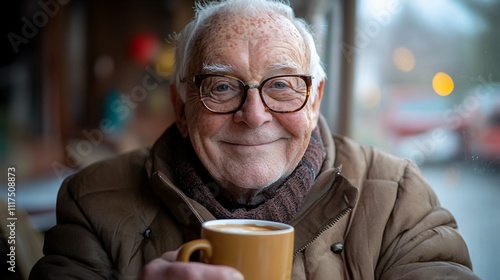 Elderly European man enjoying a cup of coffee at a cozy café on a winter street, showcasing warmth and tranquility in a candid portrait. photo