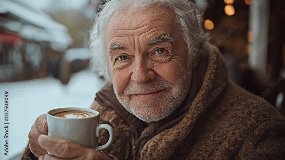Elderly European man enjoying a cup of coffee at a cozy café on a winter street, showcasing warmth and tranquility in a candid portrait. Elderly European man enjoying a cup of coffee at a cozy café on a winter street, showcasing warmth and tranquility in a candid portrait.