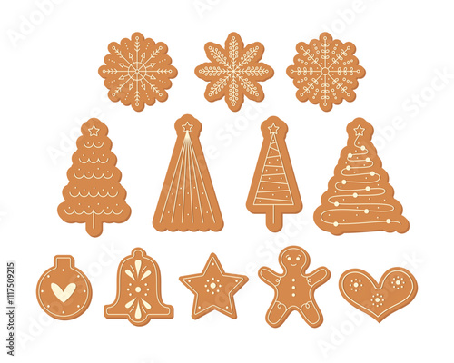 Gingerbread Cookies Set. Christmas and New Year Food Collection. Home Festive Baked Bell, Star, Heart, Gingerbread Man, Snowflakes.