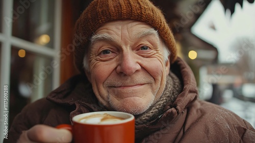 Elderly European man enjoying a cup of coffee at a cozy café on a winter street, showcasing warmth and tranquility in a candid portrait. photo