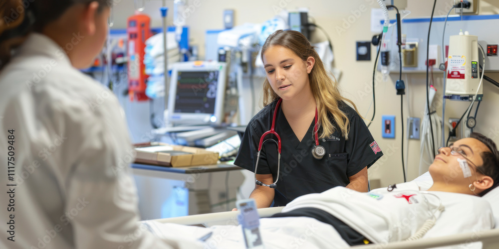 Nurse attending a patient in a hospital room with medical equipment. Nurse attending a patient in a hospital room with medical equipment.