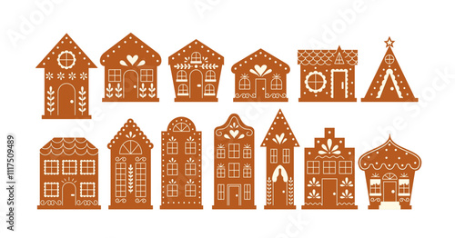Gingerbread Houses Set. Christmas and New Year Cookies Collection. Festive Homemade Bakery.