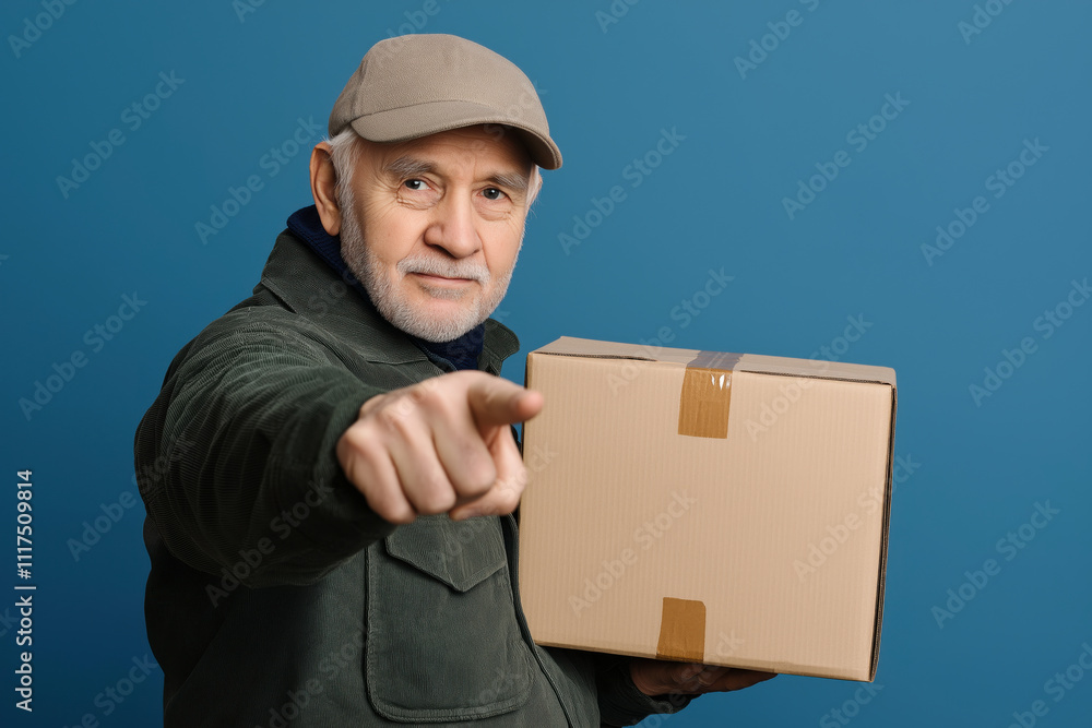 Senior Delivery Man in Cap and Jacket Holding a Cardboard Box, Pointing Towards the Camera Against a Blue Background Senior Delivery Man in Cap and Jacket Holding a Cardboard Box, Pointing Towards the Camera Against a Blue Background