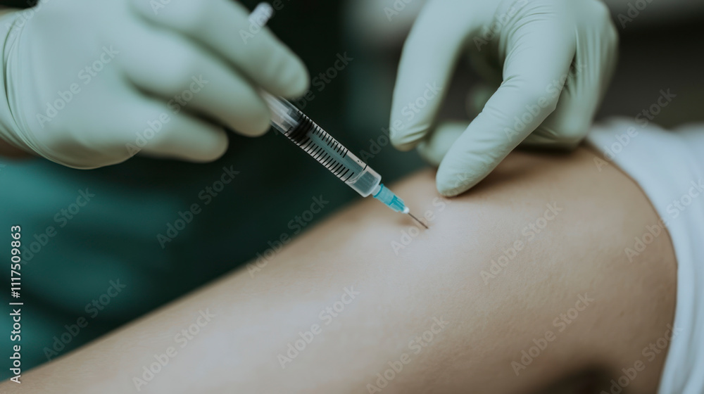 Close-up of a syringe injection administered by a gloved hand. Close-up of a syringe injection administered by a gloved hand.