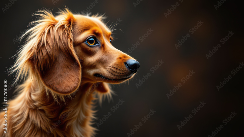 Close-up of a long-haired dachshund's face looking to the right. Close-up of a long-haired dachshund's face looking to the right.