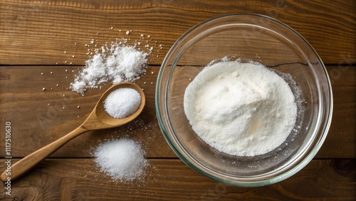 An overhead view captures the process of combining a mixture of washing soda and borax in a glass mixing bowl. The powdery substances form a light cloud as they are poured in and a