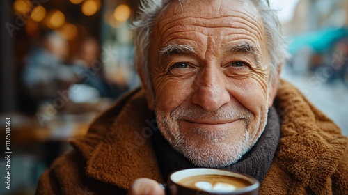 Elderly European man enjoying a cup of coffee at a cozy café on a winter street, showcasing warmth and tranquility in a candid portrait. photo