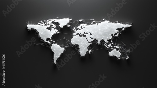 Fototapeta Naklejka Na Ścianę i Meble -  A minimalist black and white world map with glowing lines connecting major cities, representing global business networks, international trade, and economic connections.