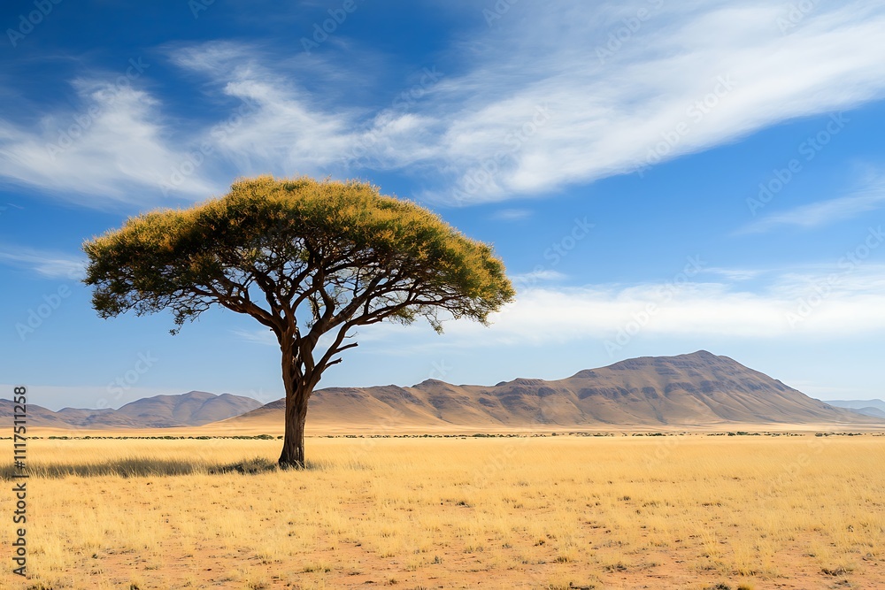 Typical african lone acacia tree with Namib desert - Namibia, South Africa Typical african lone acacia tree with Namib desert - Namibia, South Africa