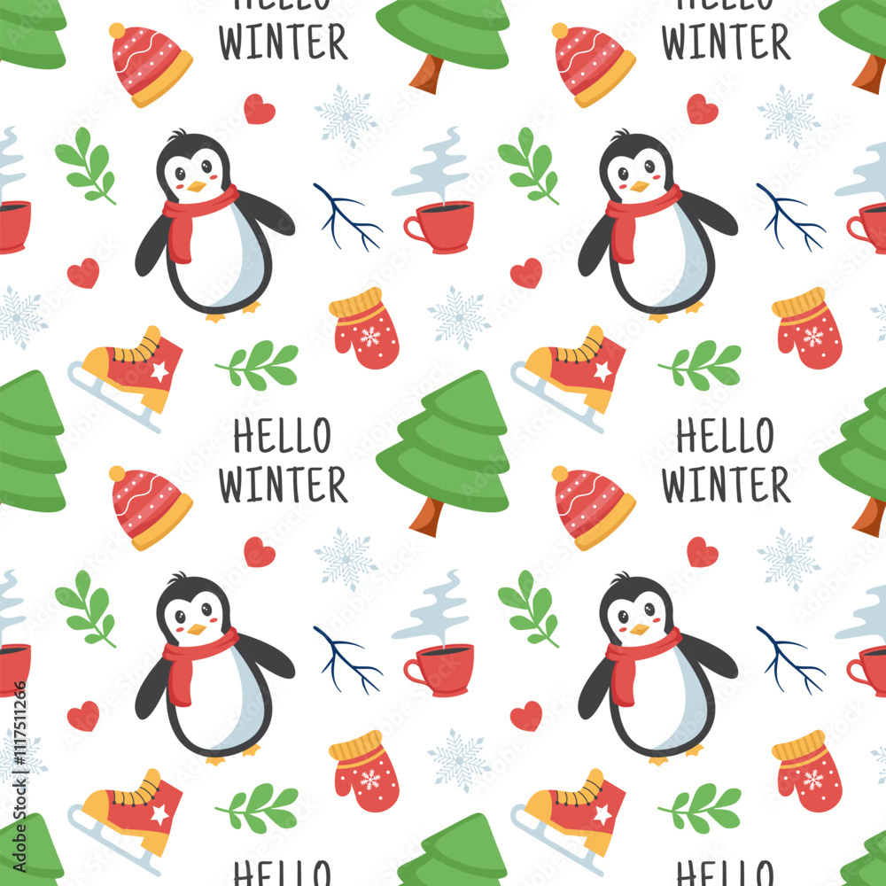 Fototapeta premium Charming Winter Seamless Pattern Design Featuring Decorative Elements in a Hand Drawn Cartoon Style Illustration Template