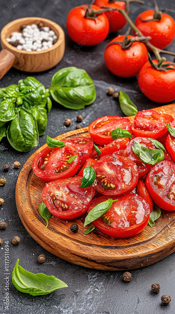 Fresh sliced tomatoes with basil wooden board, vibrant and Fresh sliced tomatoes with basil wooden board, vibrant and