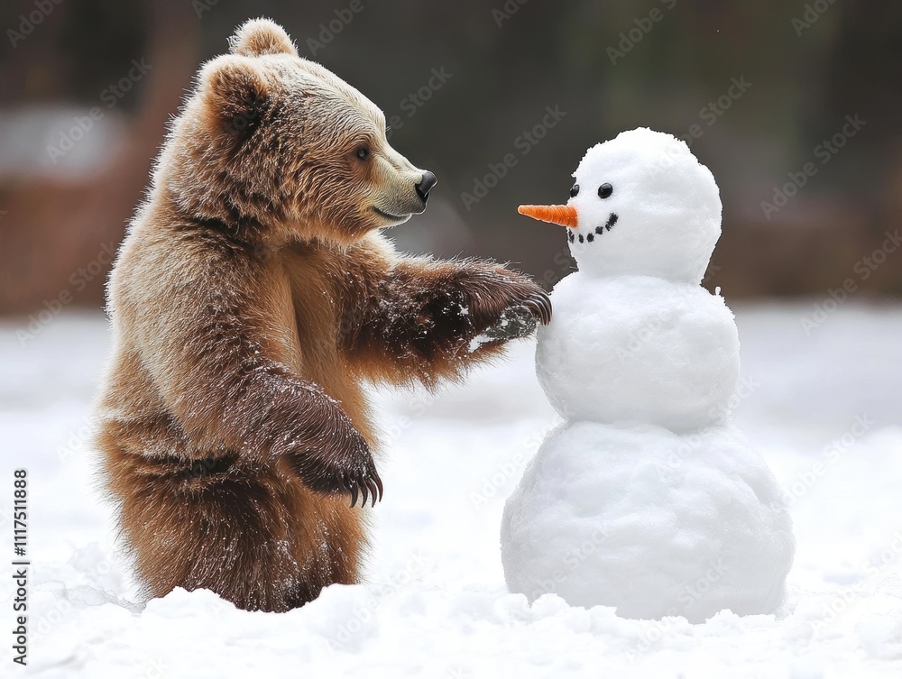 Obraz premium Playful bear interacts with snowman in winter wonderland snowy forest wildlife photography cheerful atmosphere close-up shot animal fun