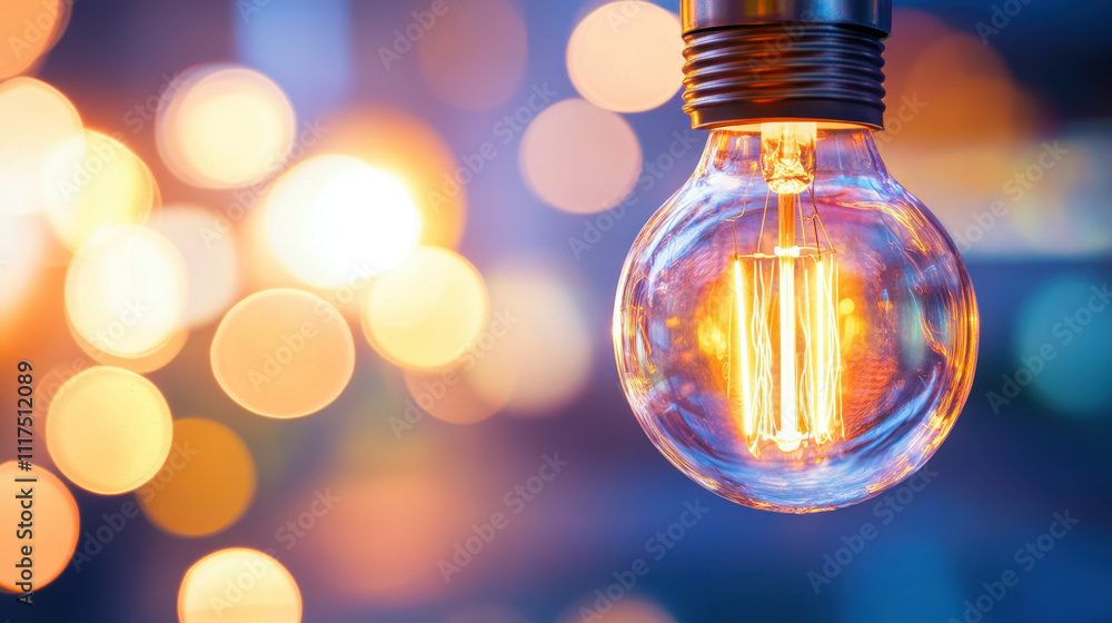 Close-up of a glowing incandescent light bulb with warm, soft bokeh lights in the background, creating a cozy and inviting atmosphere. Close-up of a glowing incandescent light bulb with warm, soft bokeh lights in the background, creating a cozy and inviting atmosphere.
