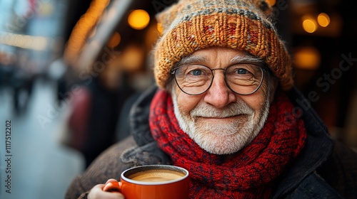 Elderly European man enjoying a cup of coffee at a cozy café on a winter street, showcasing warmth and tranquility in a candid portrait. photo