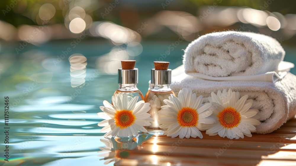 Obraz premium Aromatic oils and spa towels on wooden surface with warm light and soft bluish background accents