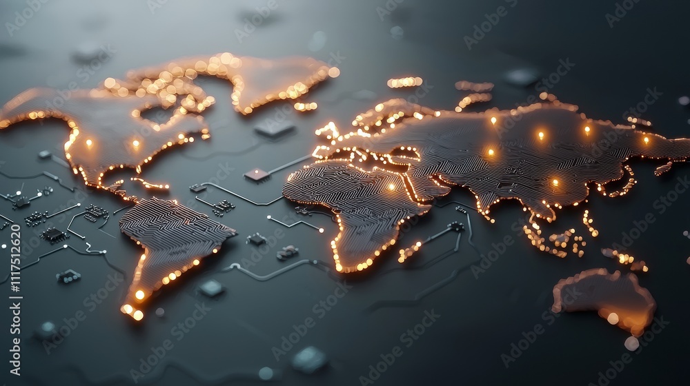 A world map with continents outlined by circuit board patterns and glowing nodes, illustrating the global reach of technology, artificial intelligence, and the Internet of Things. A world map with continents outlined by circuit board patterns and glowing nodes, illustrating the global reach of technology, artificial intelligence, and the Internet of Things.