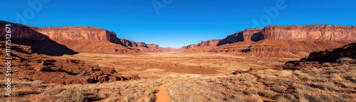 A stunning desert landscape featuring vibrant red rock formations under a clear blue sky, showcasing the vastness of nature.