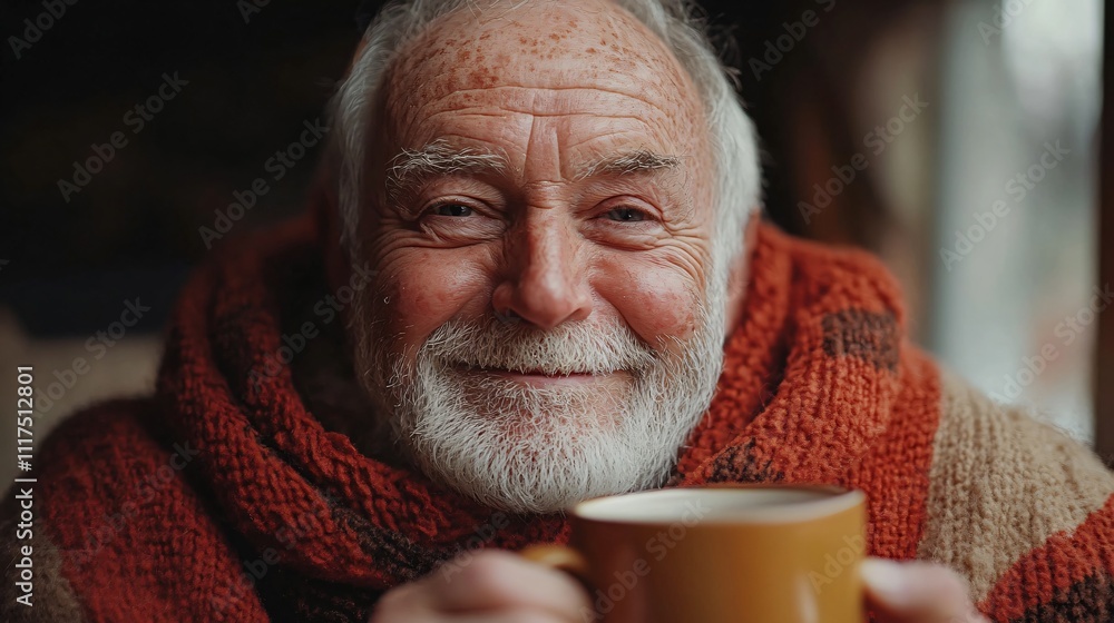 Elderly European man enjoying a cup of coffee at a cozy café on a winter street, showcasing warmth and tranquility in a candid portrait. Elderly European man enjoying a cup of coffee at a cozy café on a winter street, showcasing warmth and tranquility in a candid portrait.