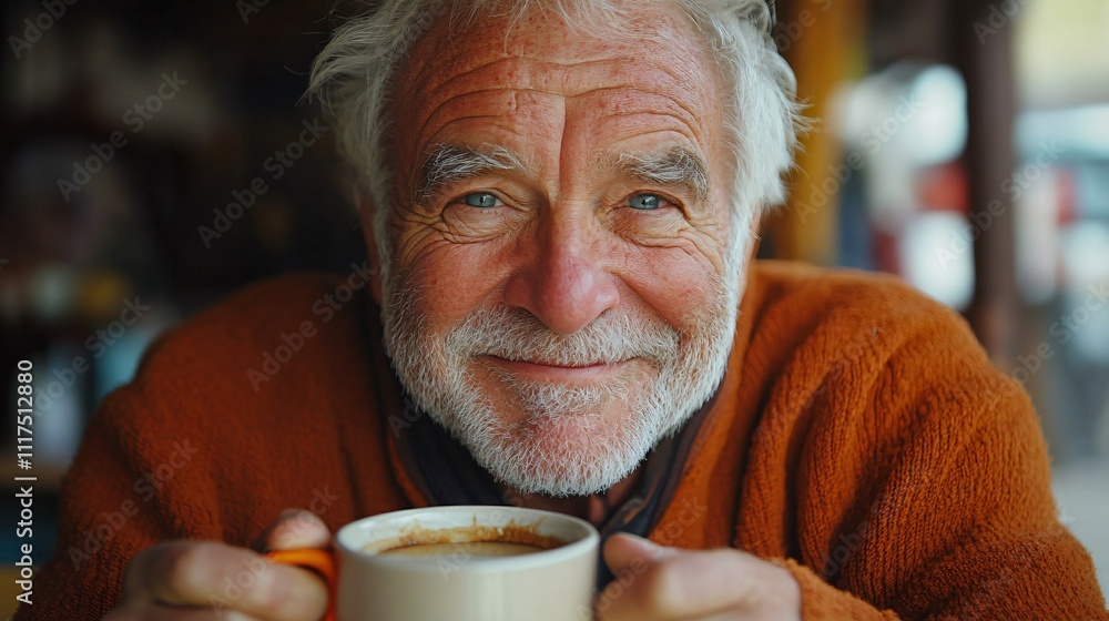 Elderly European man enjoying a cup of coffee at a cozy café on a winter street, showcasing warmth and tranquility in a candid portrait. Elderly European man enjoying a cup of coffee at a cozy café on a winter street, showcasing warmth and tranquility in a candid portrait.