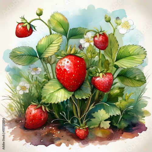 This is a vibrant and artistic watercolor depiction of fresh strawberries, ideal for ecobranding and food blogs photo