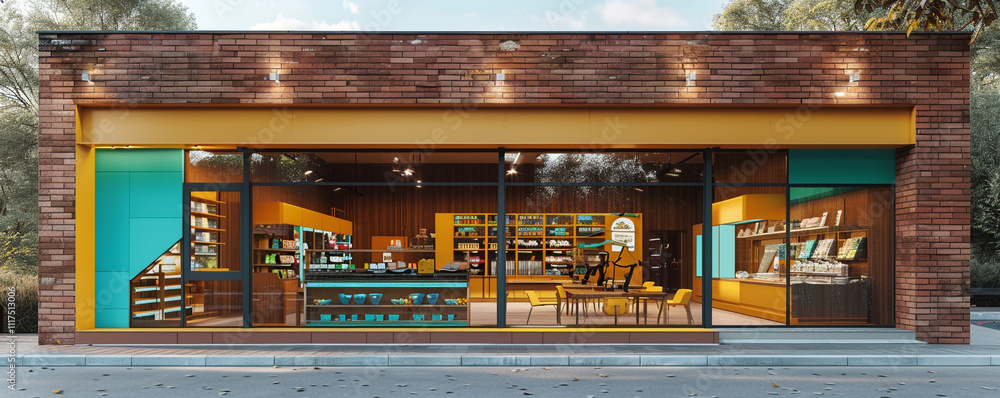 Contemporary storefront in brown and yellow with turquoise highlights and a modern brick wall. The color contrast provides a bright, stylish appeal Contemporary storefront in brown and yellow with turquoise highlights and a modern brick wall. The color contrast provides a bright, stylish appeal
