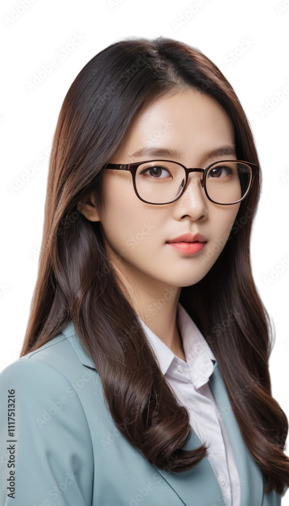 Asian Korean professional female marketing specialist with long hair and glasses on transparent background. PNG
