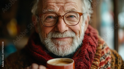 Elderly European man enjoying a cup of coffee at a cozy café on a winter street, showcasing warmth and tranquility in a candid portrait. photo