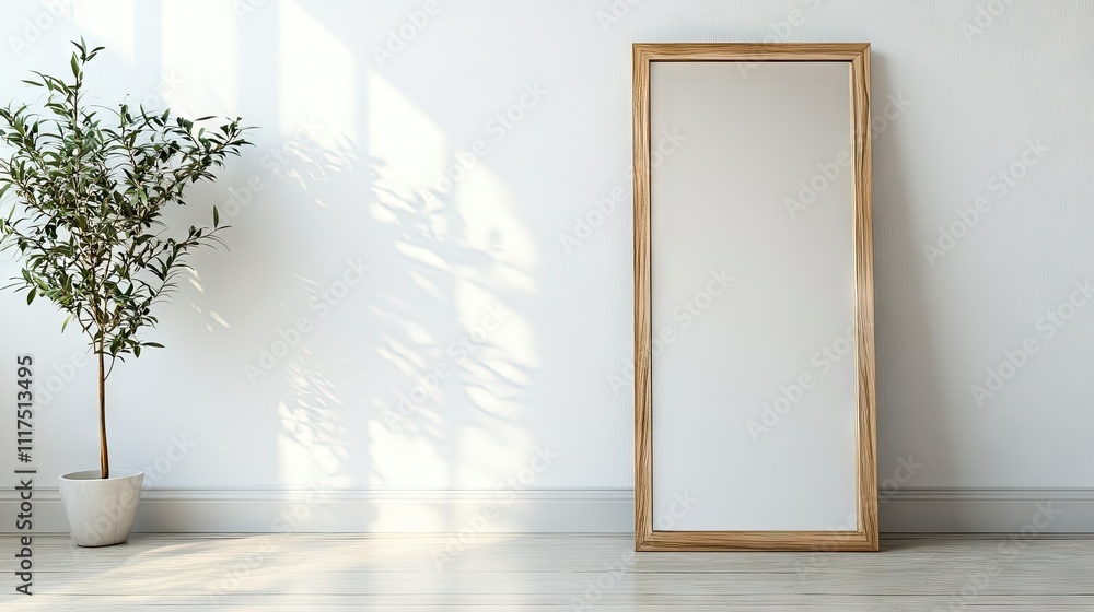A minimalist mirror with a wooden frame leaning against a plain white wall in a cozy bedroom