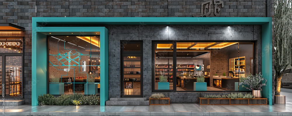 Contemporary storefront in grey and brown, highlighted with turquoise and set against a modern brick wall. The vibrant design stands out with its stylish color scheme Contemporary storefront in grey and brown, highlighted with turquoise and set against a modern brick wall. The vibrant design stands out with its stylish color scheme